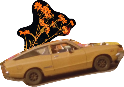 A collage of a mustard yellow Datsun car with orange flowers coming out of the top.