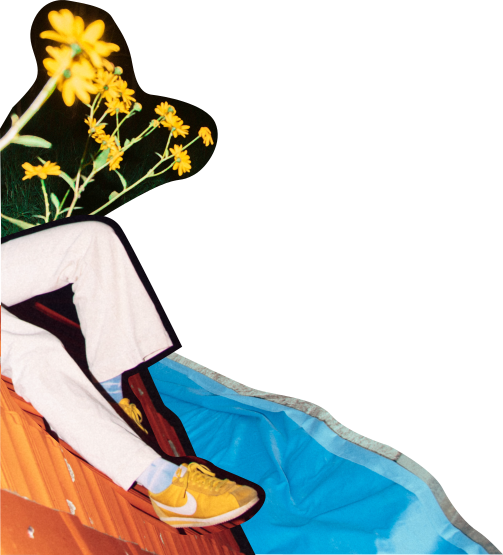 An abstract collage of Rowena Wise sitting on a terracotta roof. All you can see of her are her legs. She is wearing white pants with yellow sneakers. Some yellow flowers protrude from her legs, and there is a blue blanket in the background.